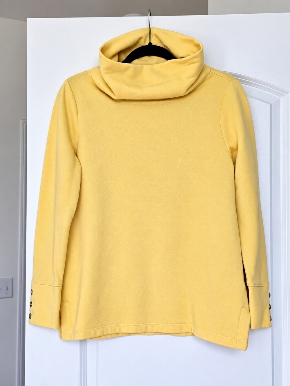 Talbots Petite Yellow Cowl Neck Pullover Sweatshirt Button Cuff Side Slit SP